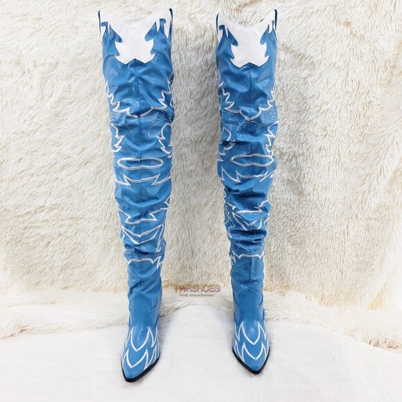 Turquoise Blue Embroidered White Western OTK Thigh High Slouch Cowboy Boots - Picture 14 of 15